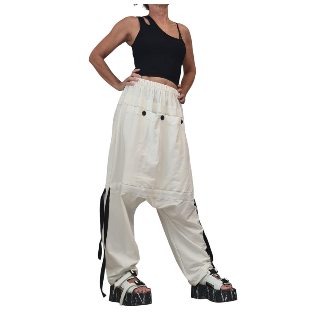 White Jersey Harem Pants, Drop Crotch Trousers, Oversized Pocket, Slim Legs, Elastic Waist