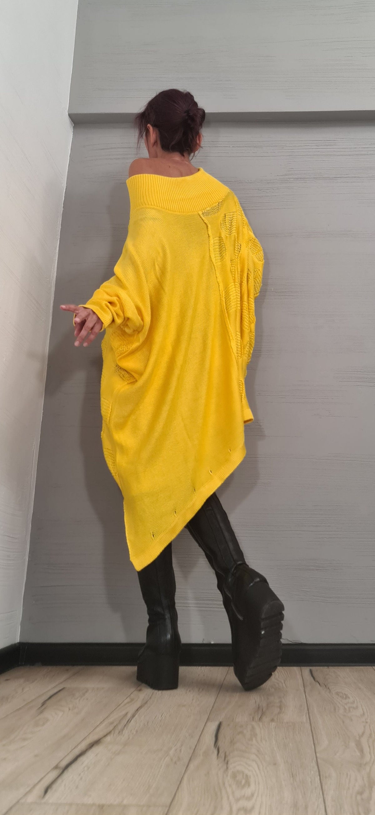Yellow Asymmetrical Knitted Tunic, Oversized Long Sleeve Sweater, Plus Size Top