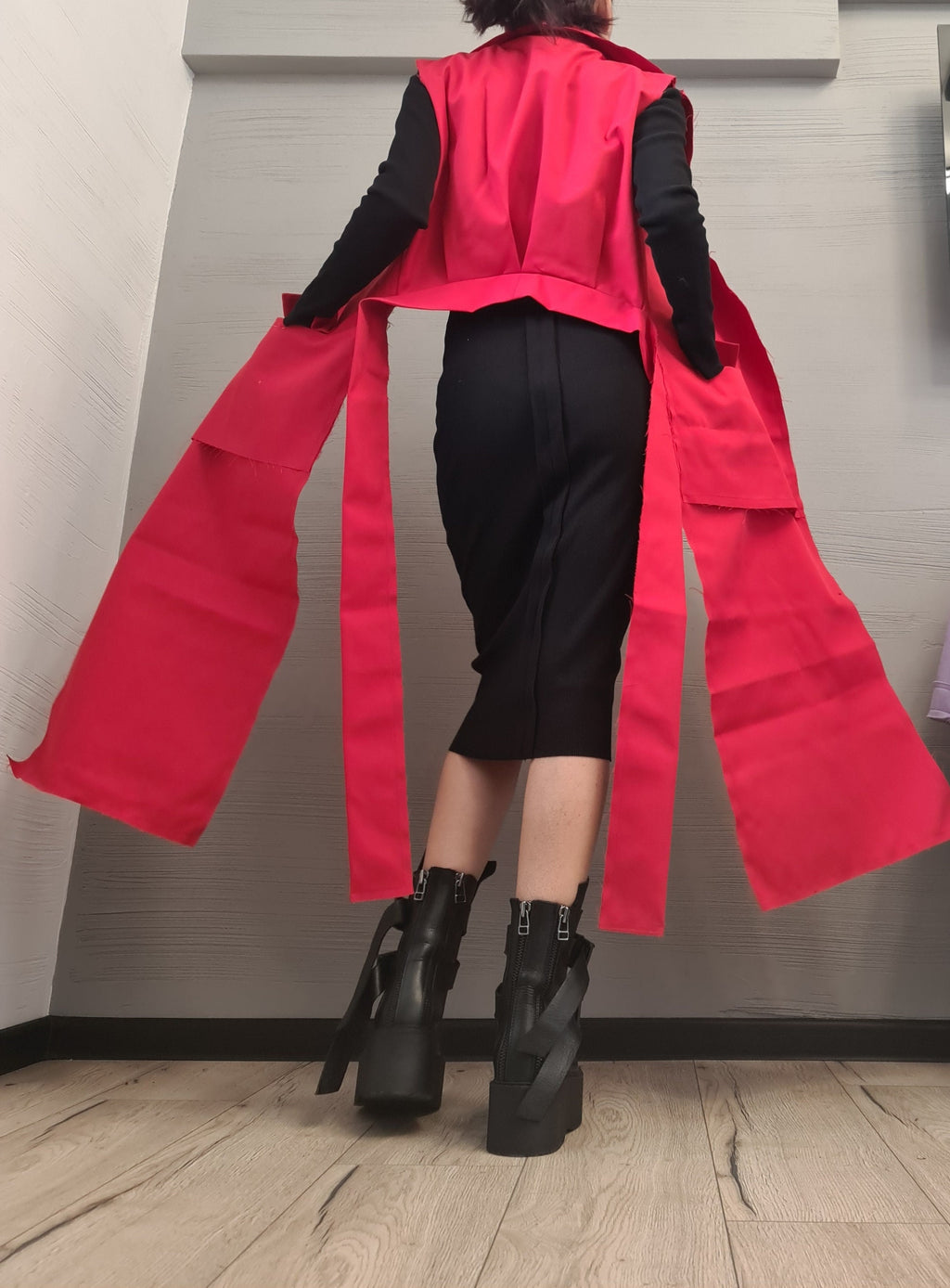 Red Asymmetric Vest, Short Back and Long Length Front Panels, High Collar, Plus Size