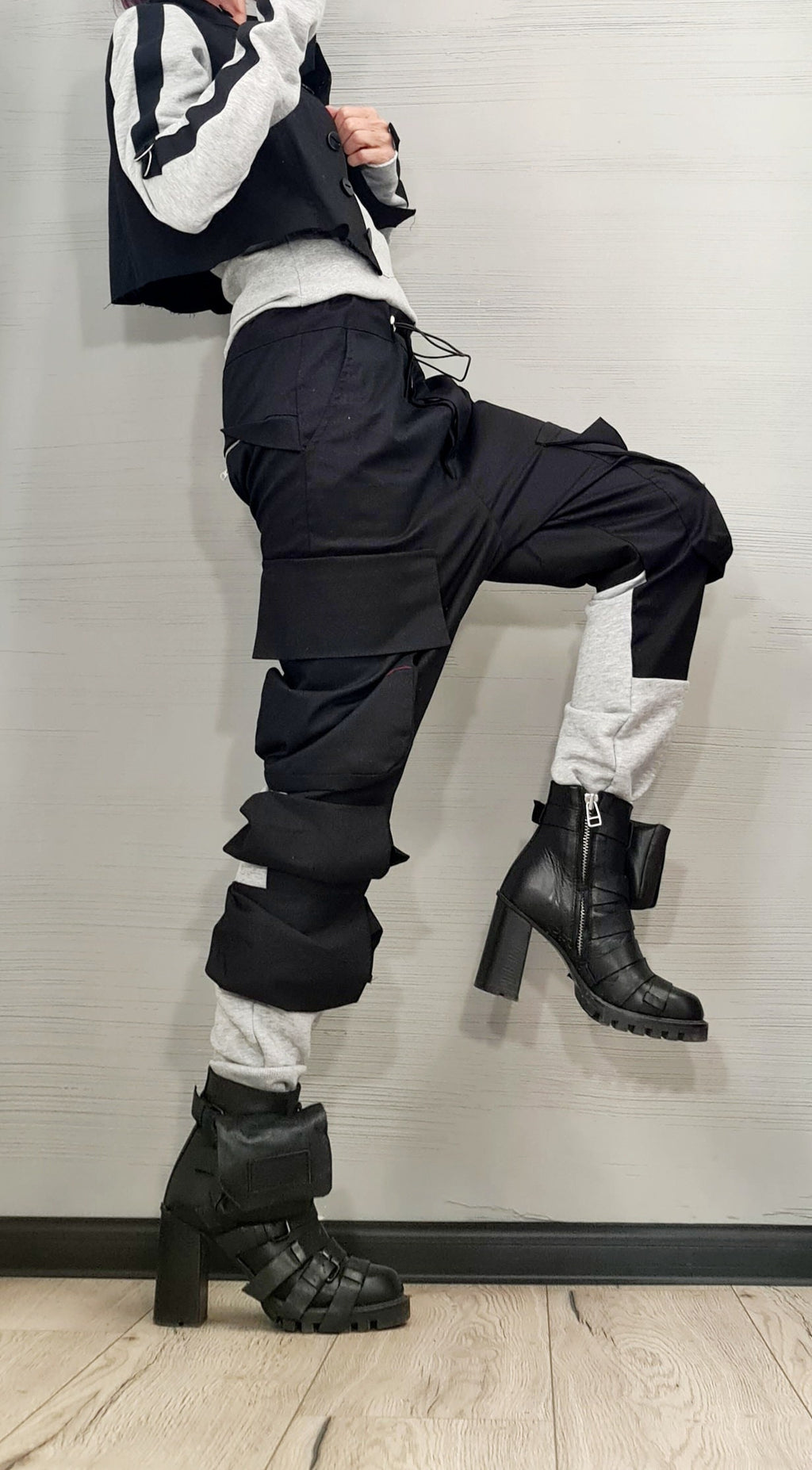 Black Cotton Harem Pants, Asymmetrical Jacket with Grey French Terry Sleeves, Two-Piece Co-Ord Set