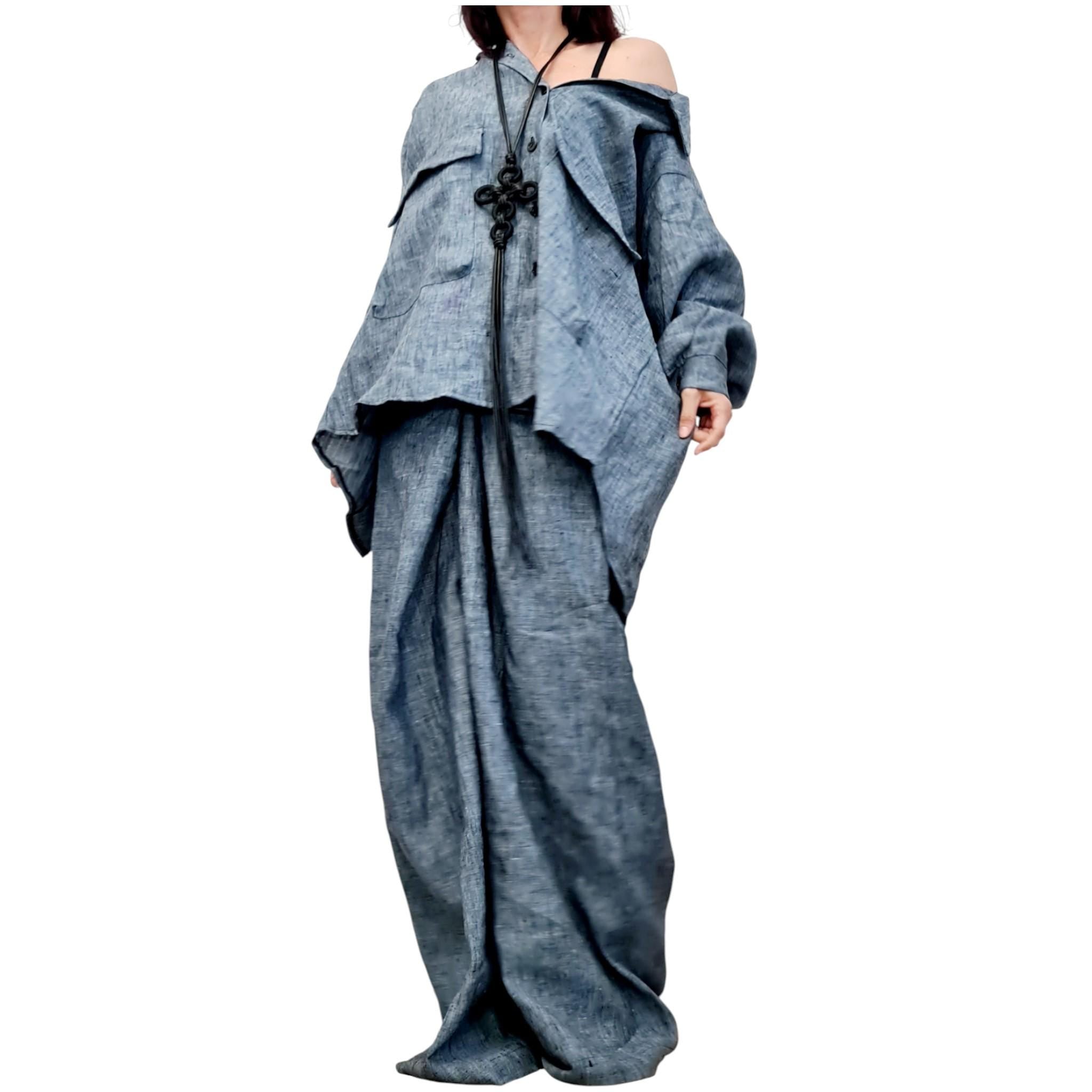 Denim Linen Shirt, Open Back Top, Asymmetric Off Shoulder Blouse, Avant Garde Style