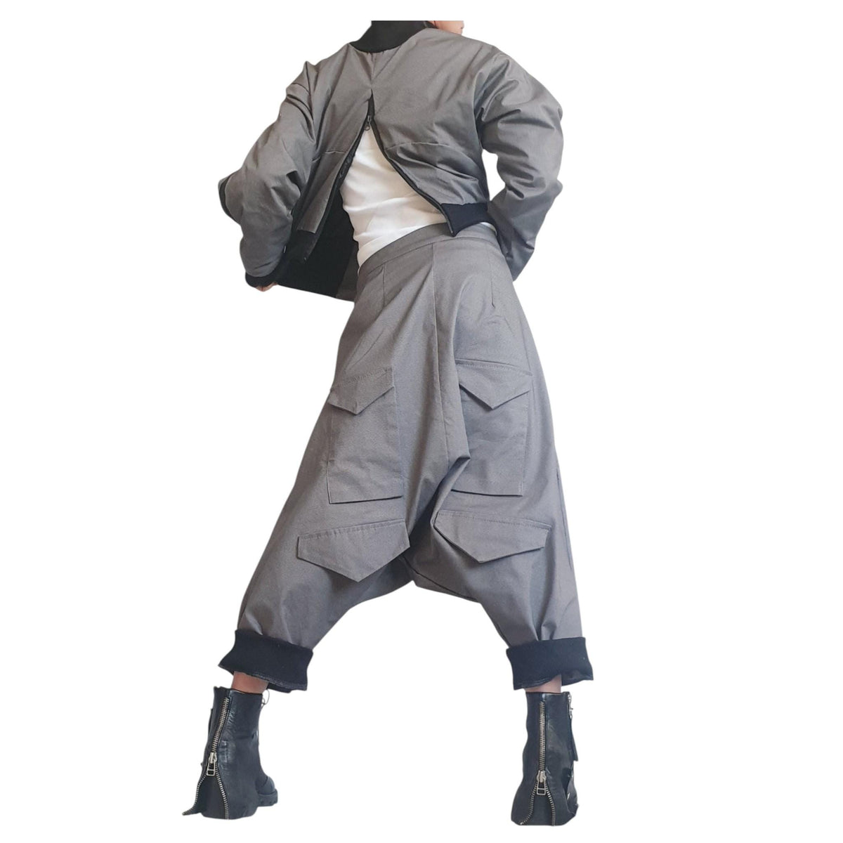 Grey Harem Pants, Drop Crotch, Cargo Flap Pockets, Tapered Ankle