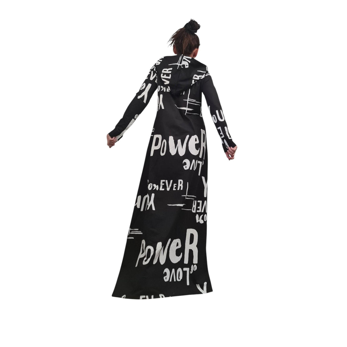 Avant Garde Black Hoodie Maxi Dress | Graffiti Print | Handmade Cotton Streetwear Outfit for Women