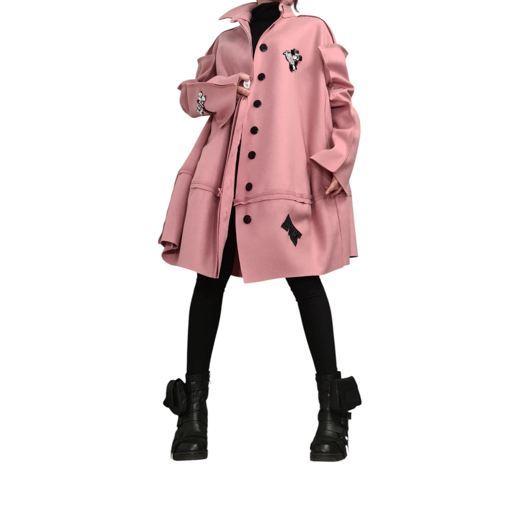 Dusty Rose Oversized A-Line Coat, High Collar Winter Jacket, Appliqué Patch Details