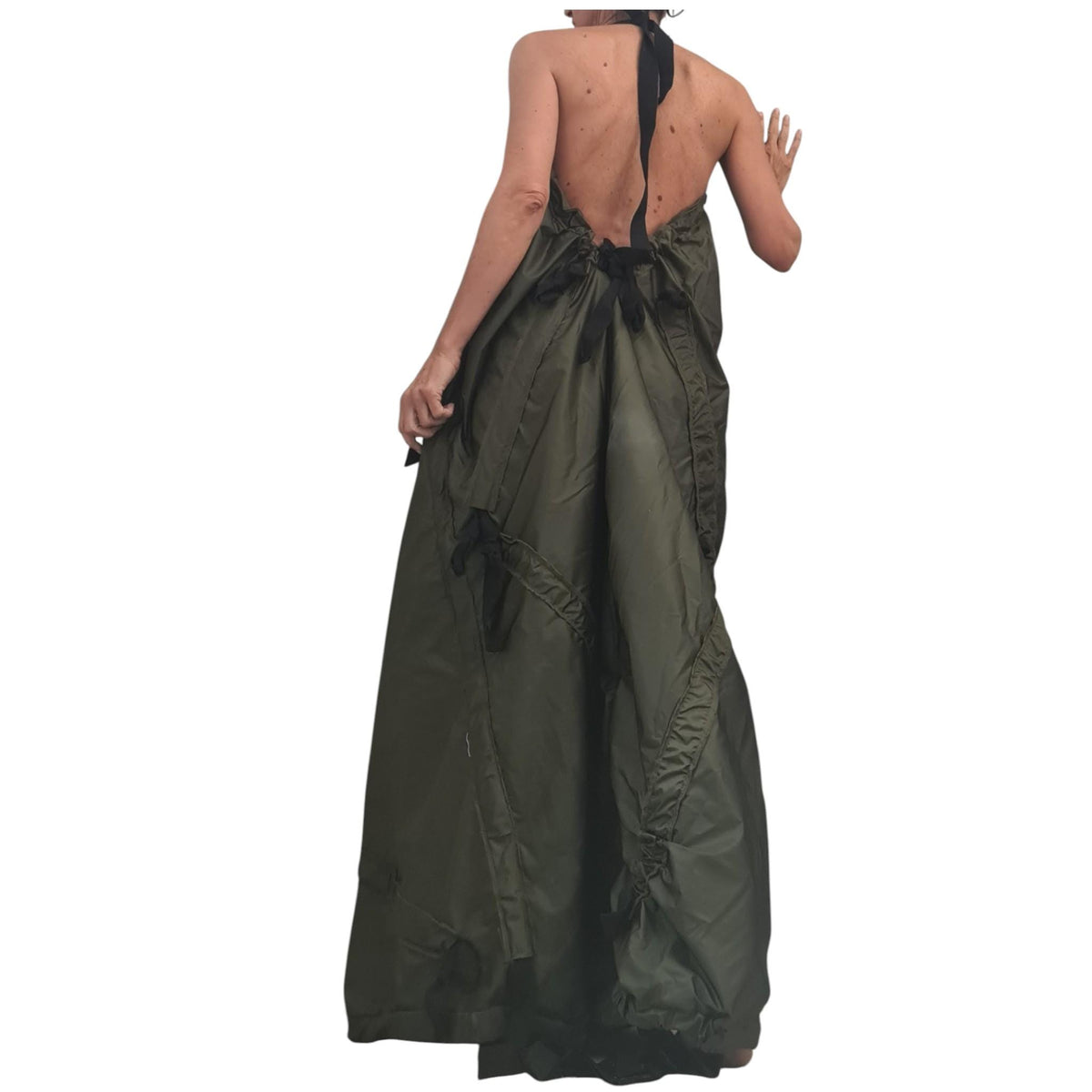 Military green Maxi Dress, Bare back, Sleeveless Extravagant Dress