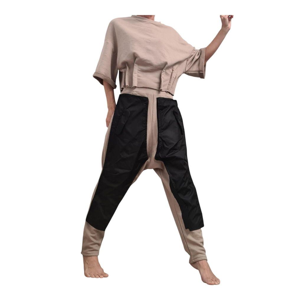 Extravagant Harem Pants, Cargo Trousers, Beige Black, Outer Pockets