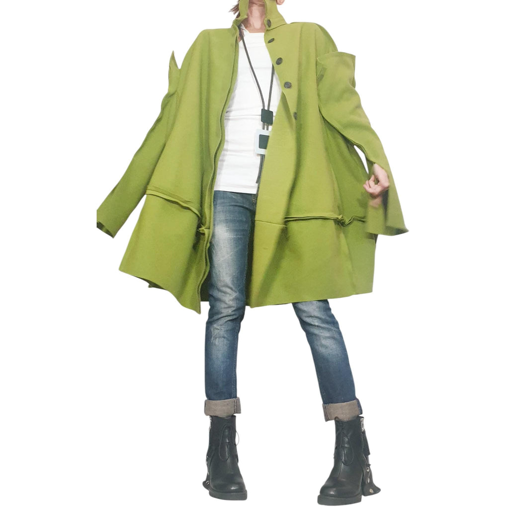 Pistachio Green Oversized Wool Coat, Plus Size Asymmetric Jacket, Deconstructed Sleeves