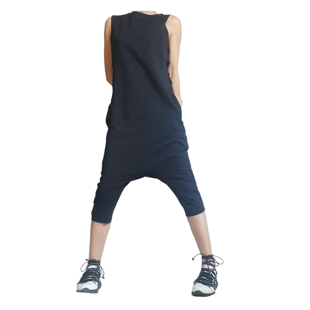 Black Harem Jumpsuit Loose Drop Crotch Women Outfit Asymmetric Oversize Gothic Grunge Clothing