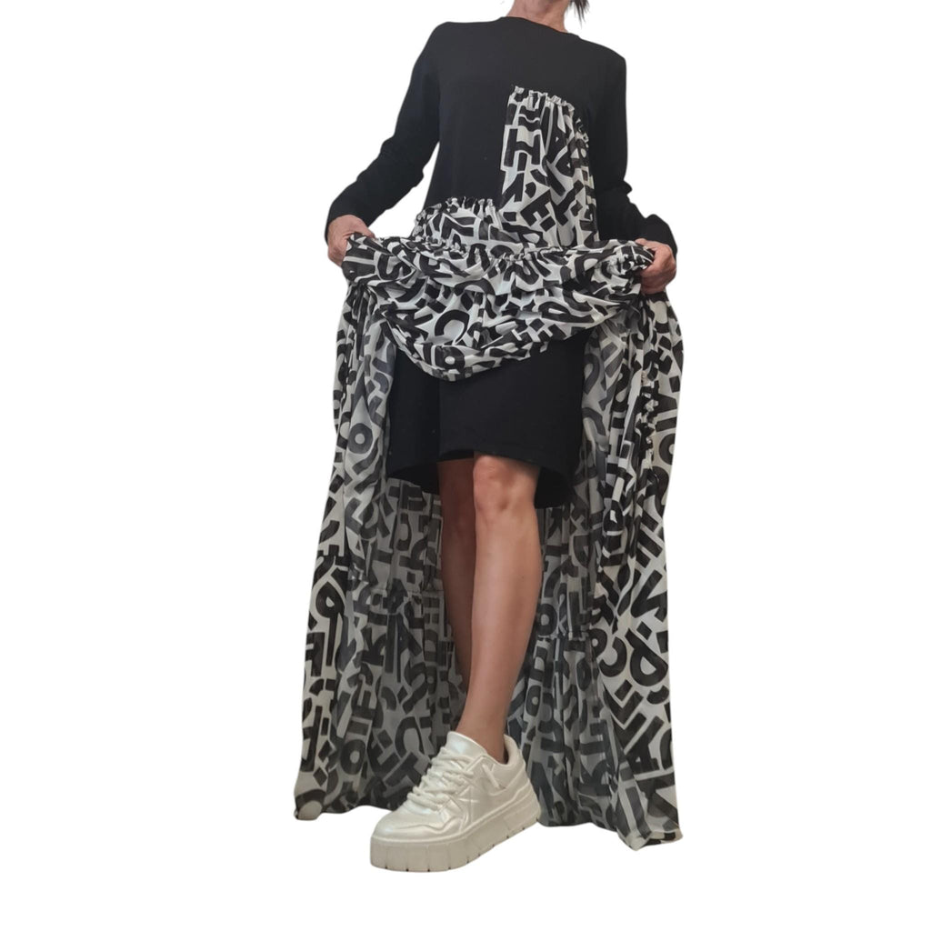 Avant Garde Black Maxi Dress, Cotton Tulle Letters Print, Asymmetrical Gown