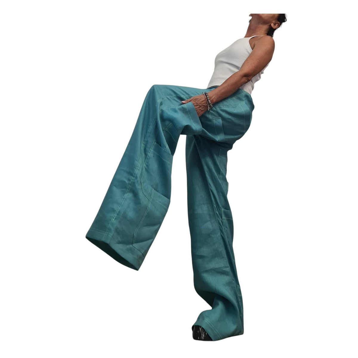 Petrol Blue Wide Leg Pants, Linen Palazzo, Boho Trousers, Designer Pocket Detail