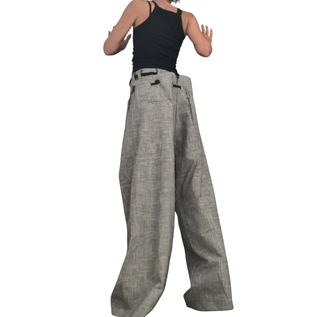 Grey Convertible Linen Pants for Women, 2 in 1 Avant Garde Wide Leg Trousers