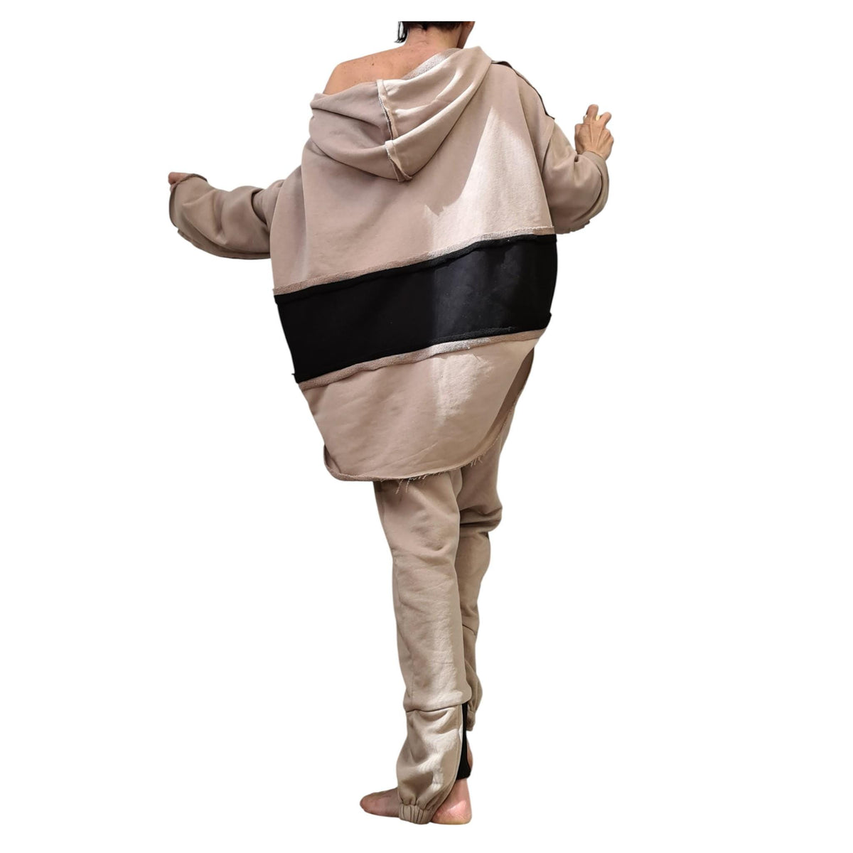 Grey Black Cotton Drop Crotch Harem Pants, Oversized Hooded Top, Plus SizeCo-Ord Set