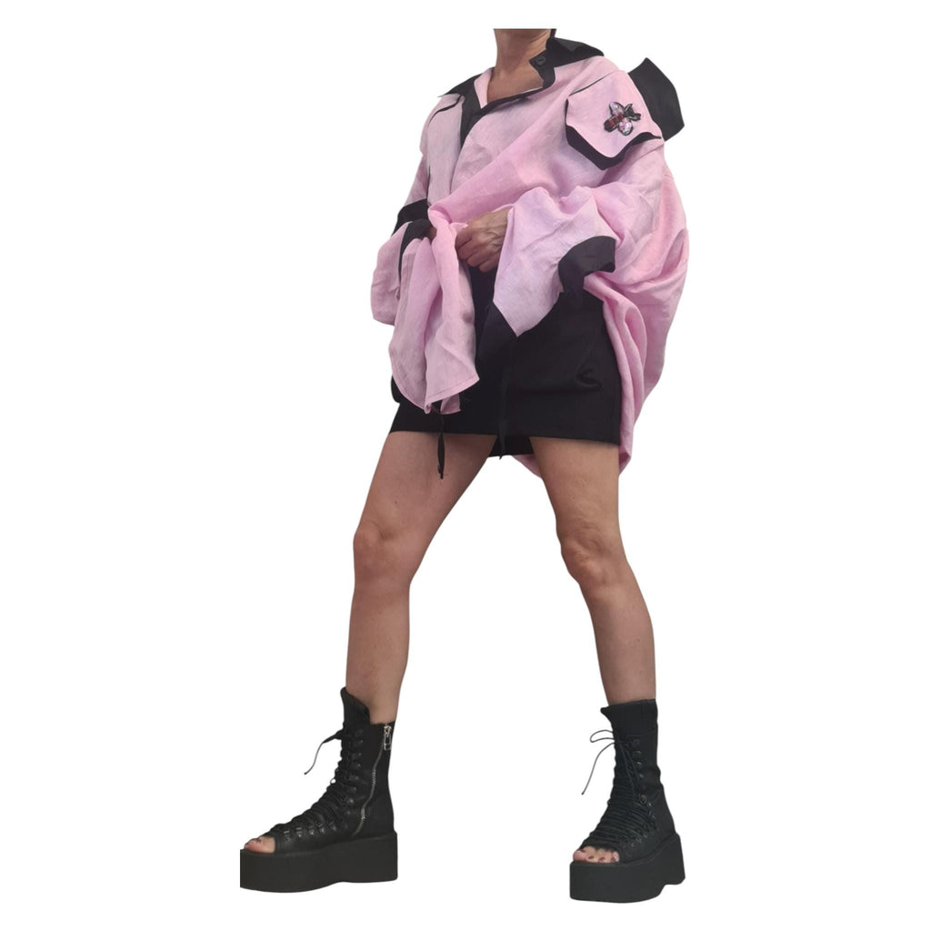 Baby Pink Linen Shirt, Oversized Avant Garde Top, Open Back, Cargo Pocket, Plus Size