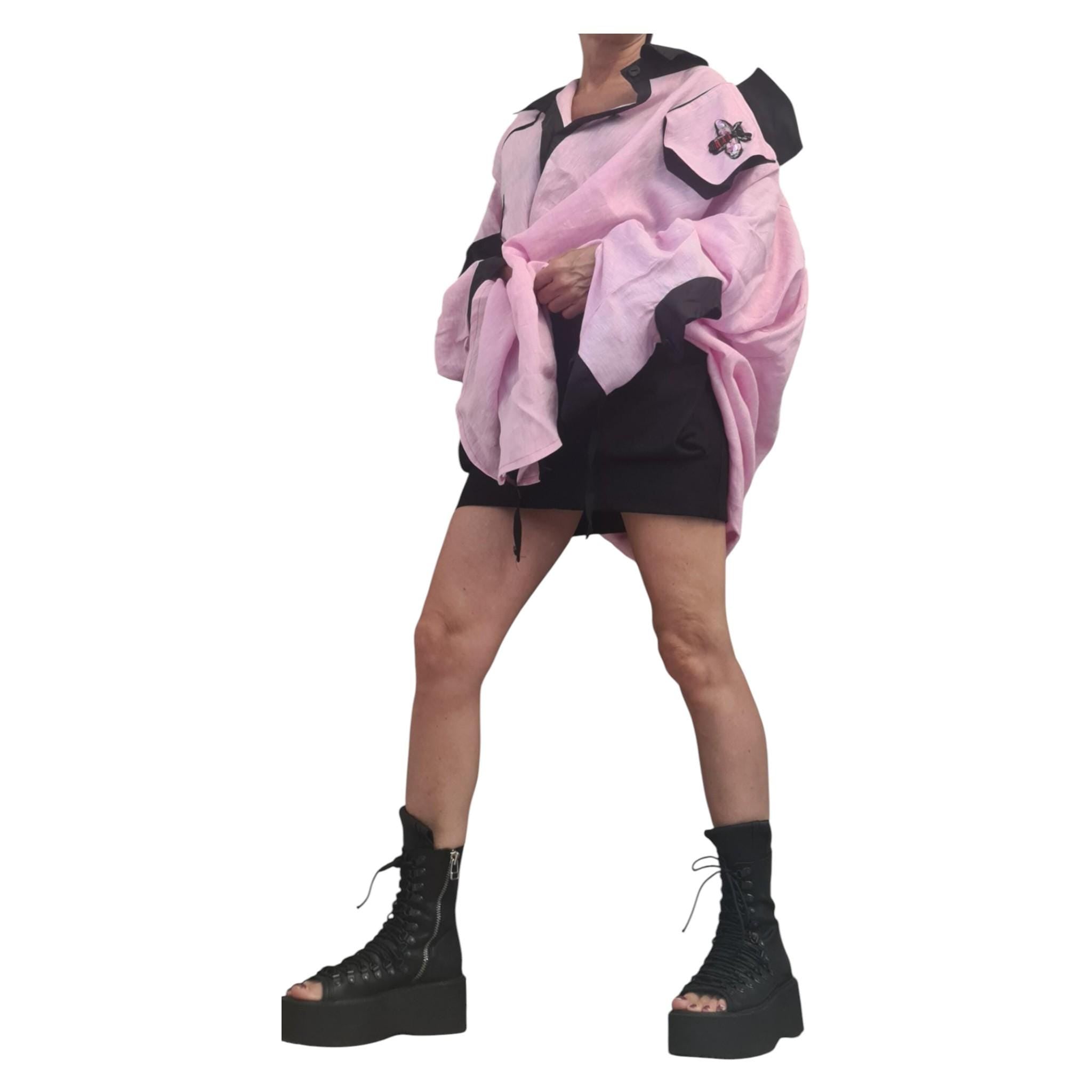 Baby Pink Linen Shirt, Oversized Avant Garde Top, Open Back, Cargo Pocket, Plus Size