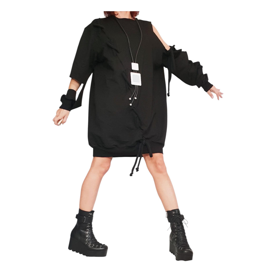 Extravagant Black Dress, One Shoulder Loose Tunic, Plus Size Clothing, Knee Length