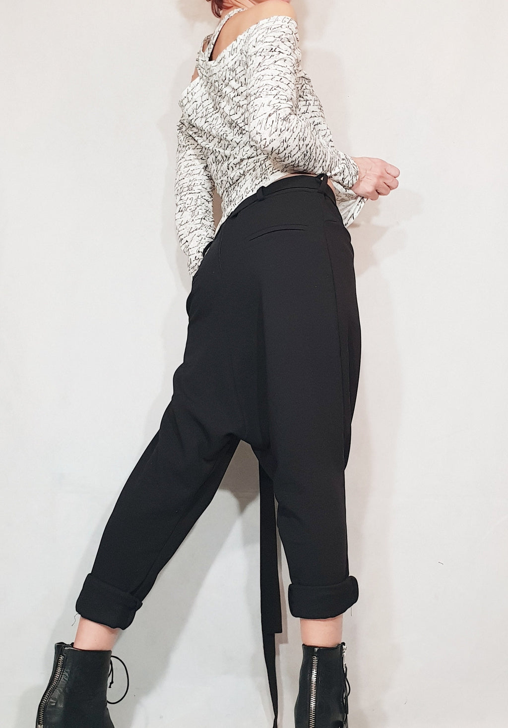 Black Harem Pants, Wrap Front, Tapered Leg, Drop Crotch