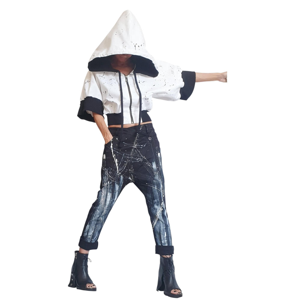 White Black Bomber Jacket Oversized Hooded Denim Coat | Urban Plus Size Streetwear for Women
