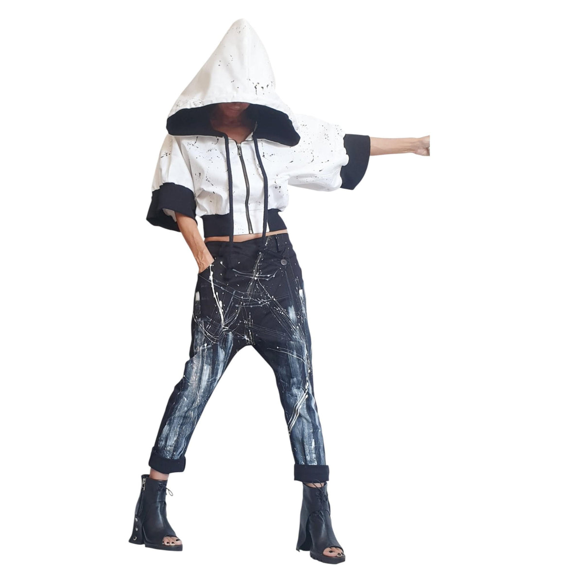 White Black Bomber Jacket Oversized Hooded Denim Coat | Urban Plus Size Streetwear for Women