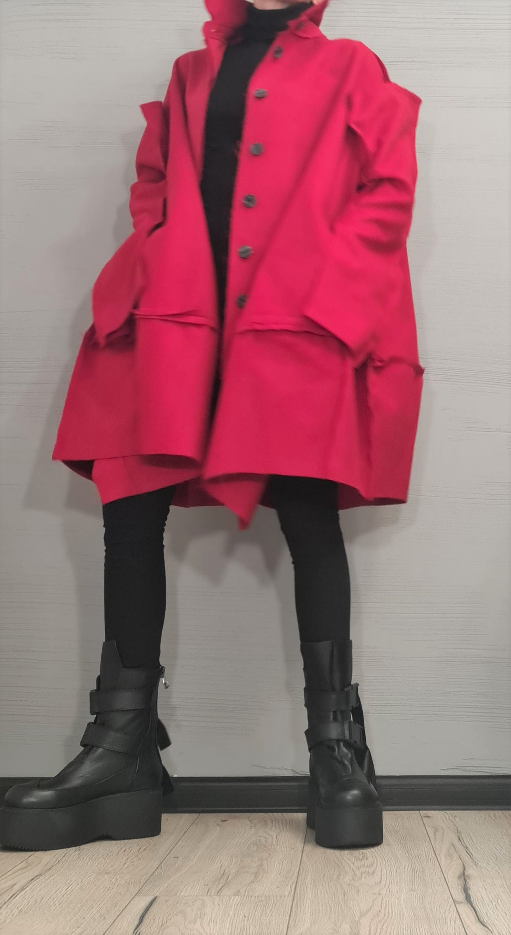 Red Wool Oversized Coat, Knee Length Plus Size Jacket, Deconstructed Sleeves
