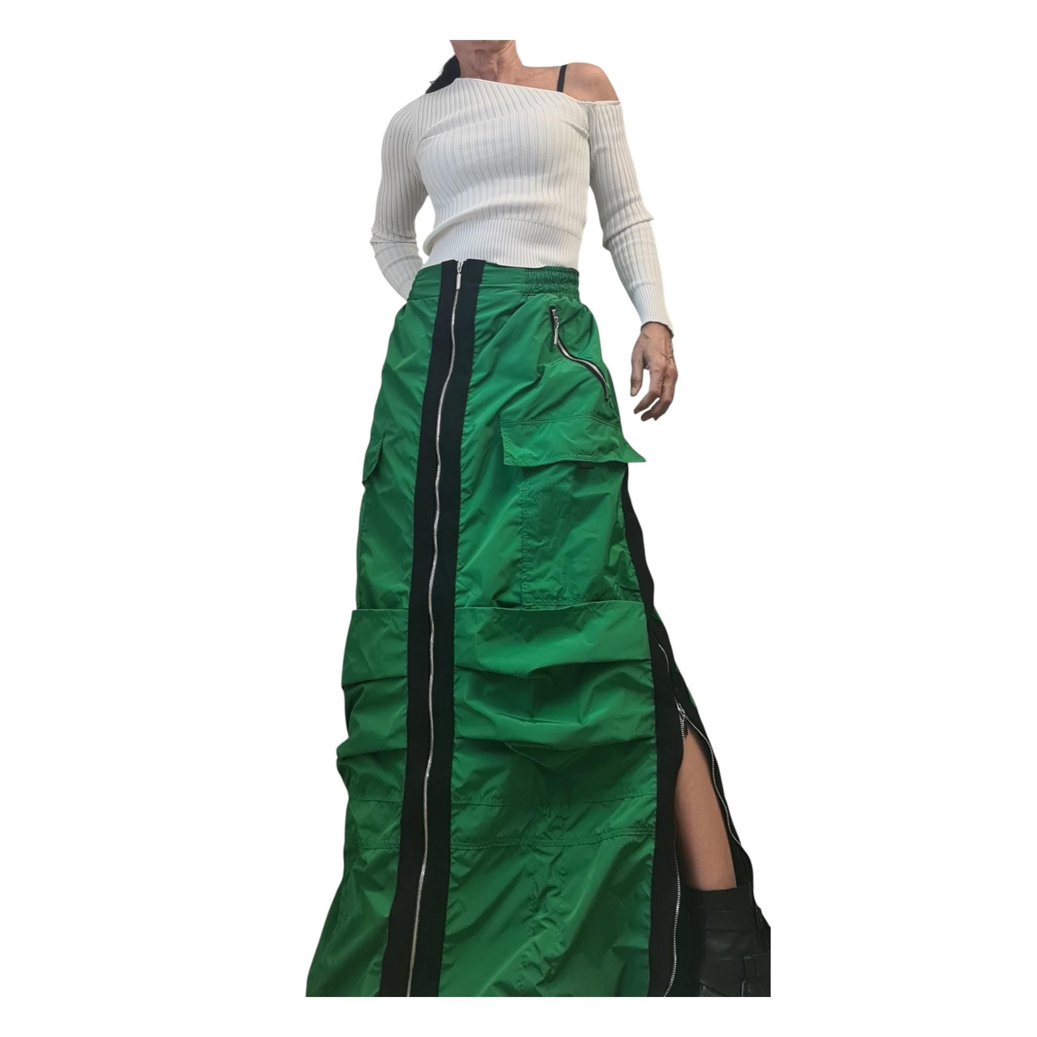 Green Cargo Maxi Skirt with Zippers, Oversized Streetwear Clothing, Techwear Style