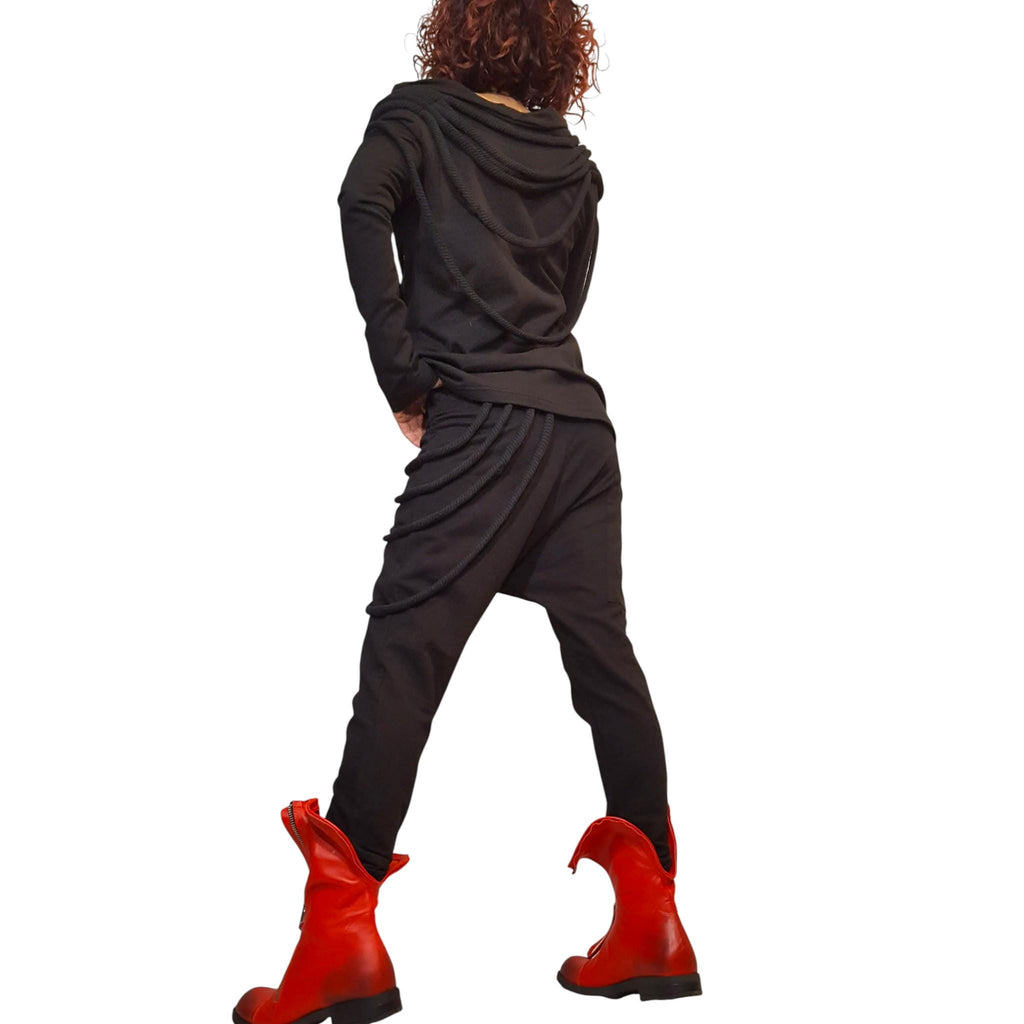 Black Cotton Drop Crotch Harem Pants, Fitted Draped Cowl Neck Top, Two-Piece Co-Ord Set