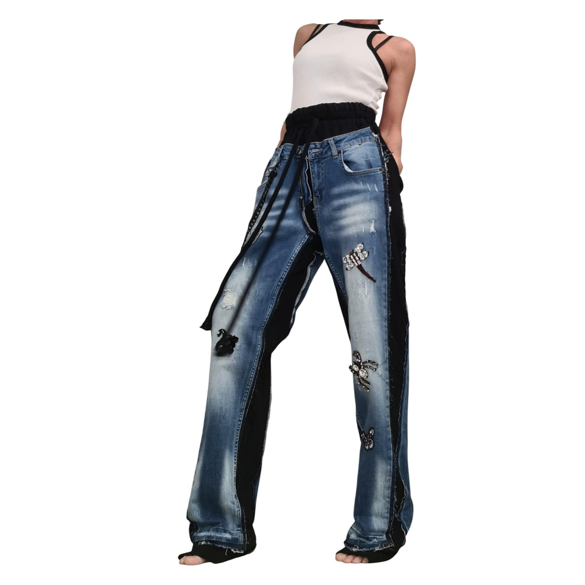 Deconstructed Denim Pants Women Wide Leg Streetwear Hip Hop Style Designer Trousers