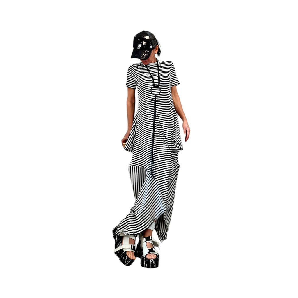 Striped Cotton Asymmetric Dress High Low Hem, Oversized Avant Garde Fashion