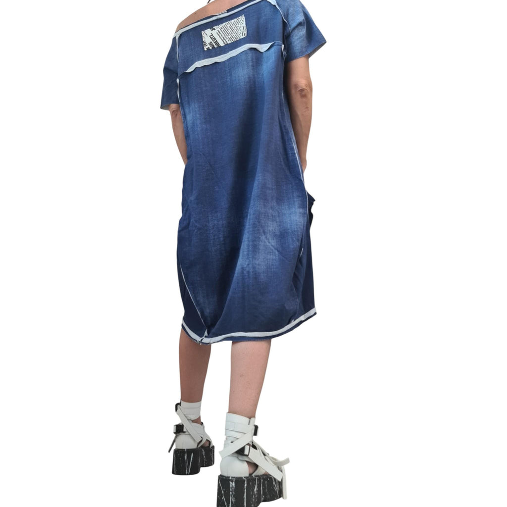 Asymmetric Cotton Tunic, Printed Denim Effect, Avant Garde Plus Size Dress for Women