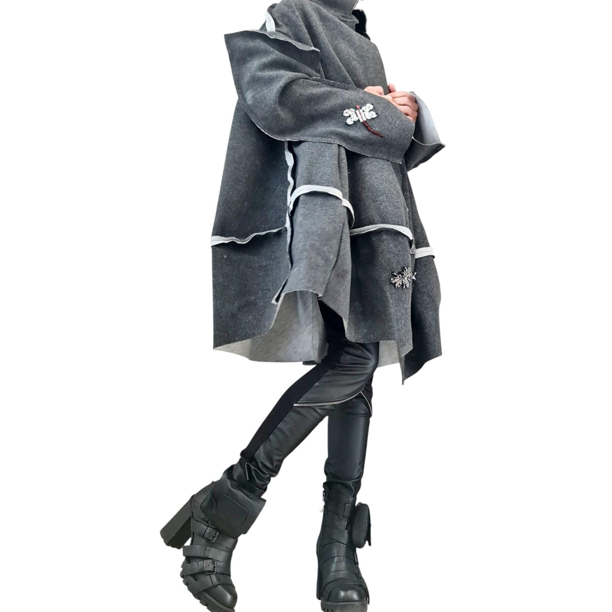 Grey Oversized Coat, Wide Trapeze Knee Jacket, Deconstructed Sleeves, Plus Size