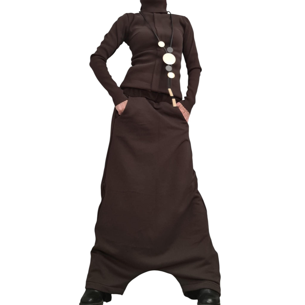 Brown Cotton Floor-Length Harem Pants, Extreme Drop Crotch, Fitted Turtleneck Long-Sleeve Top, Co-Ord Set