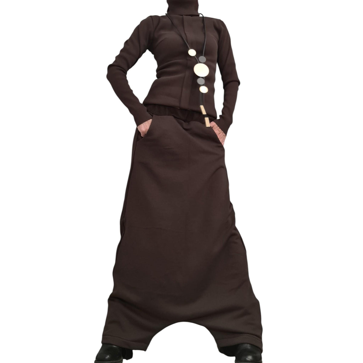 Brown Cotton Floor-Length Harem Pants, Extreme Drop Crotch, Fitted Turtleneck Long-Sleeve Top, Co-Ord Set