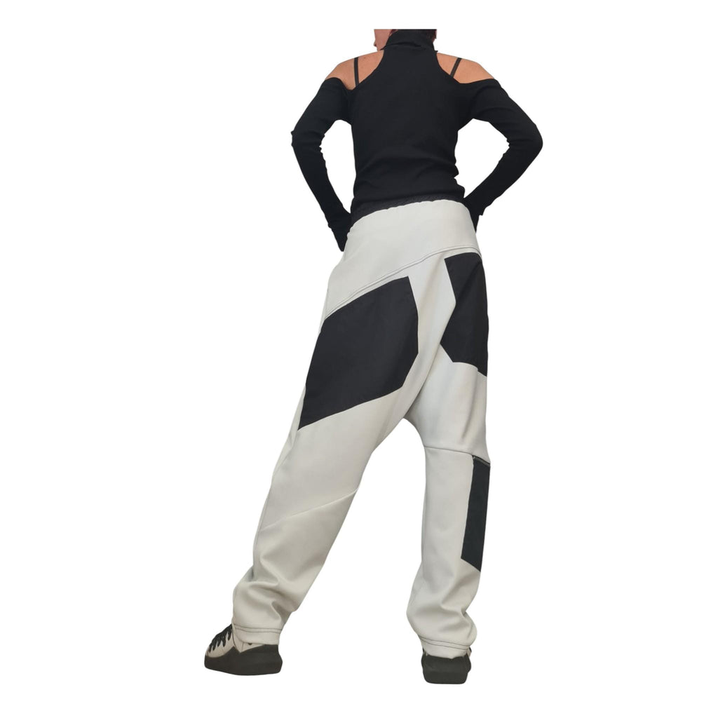 Military Green French Terry Pants, Drop Crotch Trousers, Black Contrast Panels