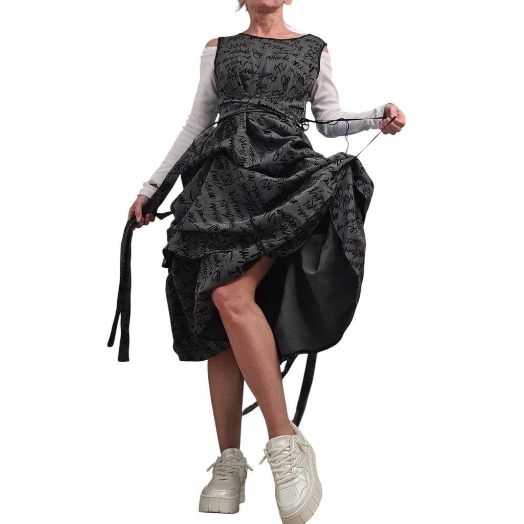Avant Garde Grey Dress for Women Sleeveless Balloon Silhouette Text Print Belted Knee Length