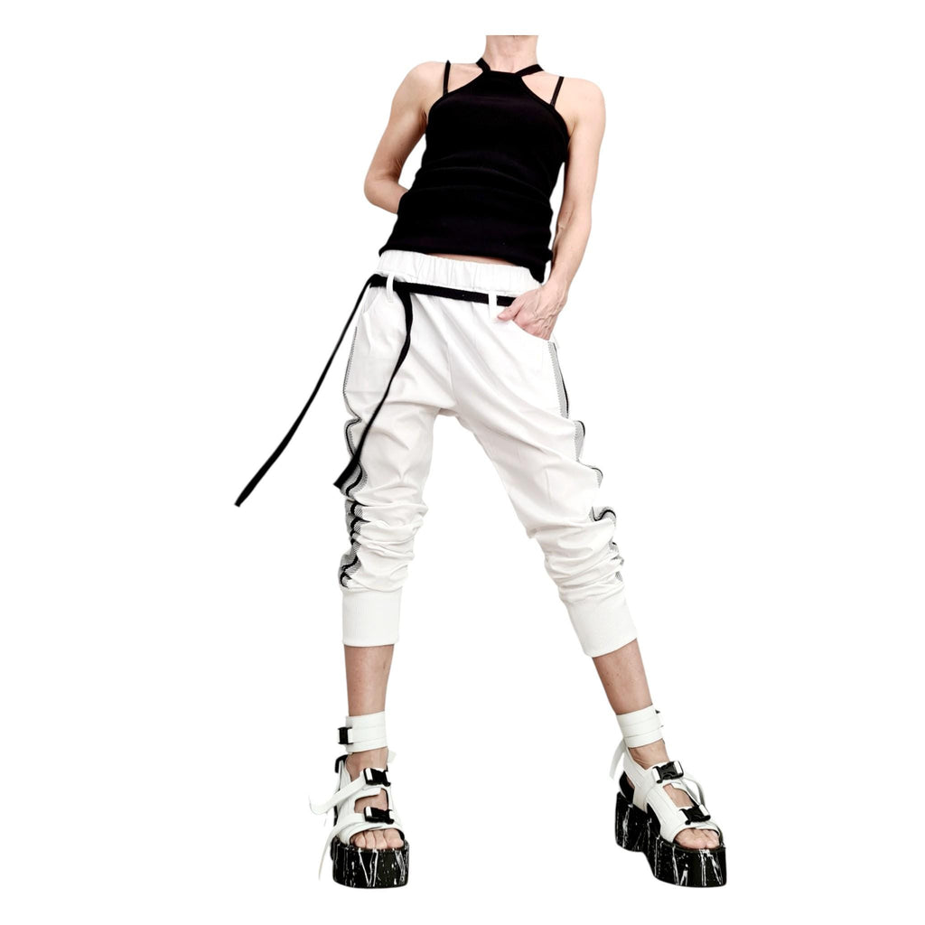 White Cotton Drop Crotch Pants, Side Stripe, Tapered Leg