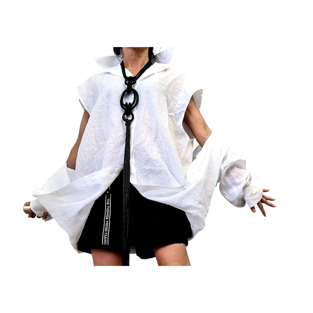 White Linen Deconstructed Shirt Dress, Convertible Tunic, Handmade Asymmetric Top, Women’s Clothing