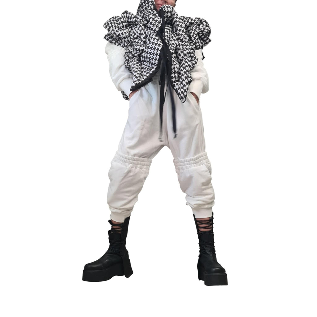Black White Houndstooth Puffer Vest, Oversized Asymmetric Gilet, Quilted Sleeveless Winter Jacket
