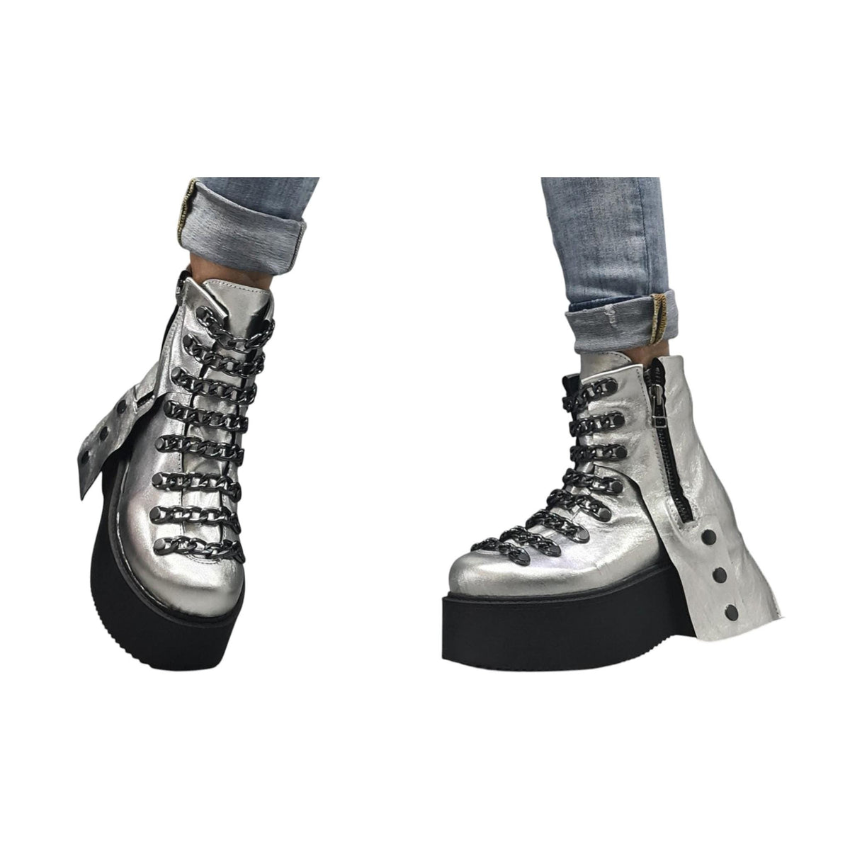 Silver Leather Platform Ankle Boots, Gothic Women Shoes with Chains, Handmade Statement Footwear