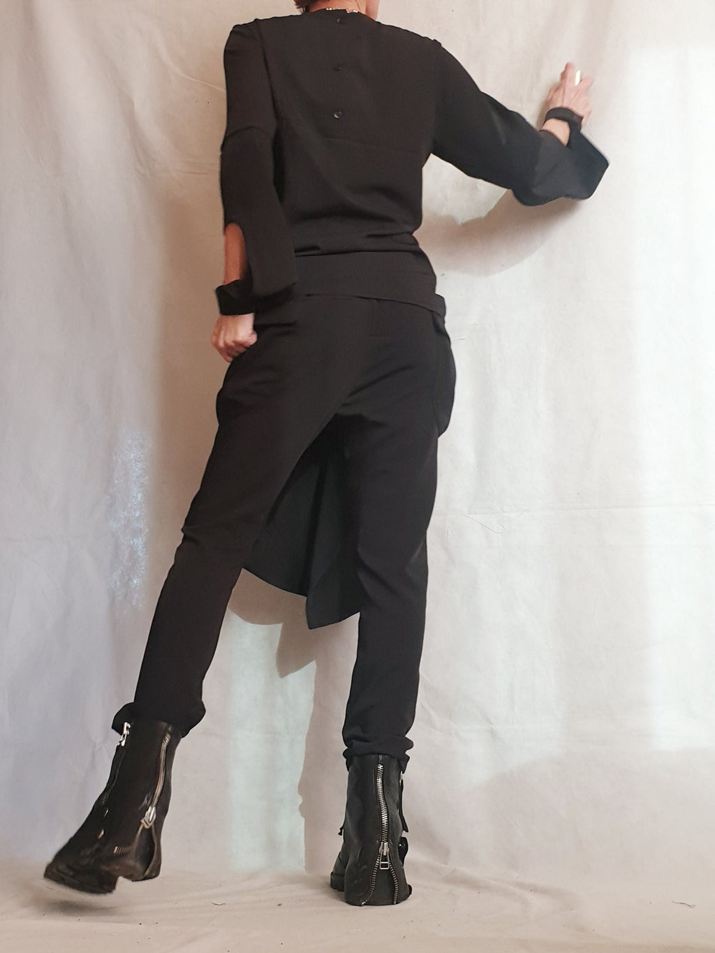 Black Tapered Pants, Asymmetrical Long Tunic, Layered Sleeves, Draped Panels, Two-Piece Co-Ord Set