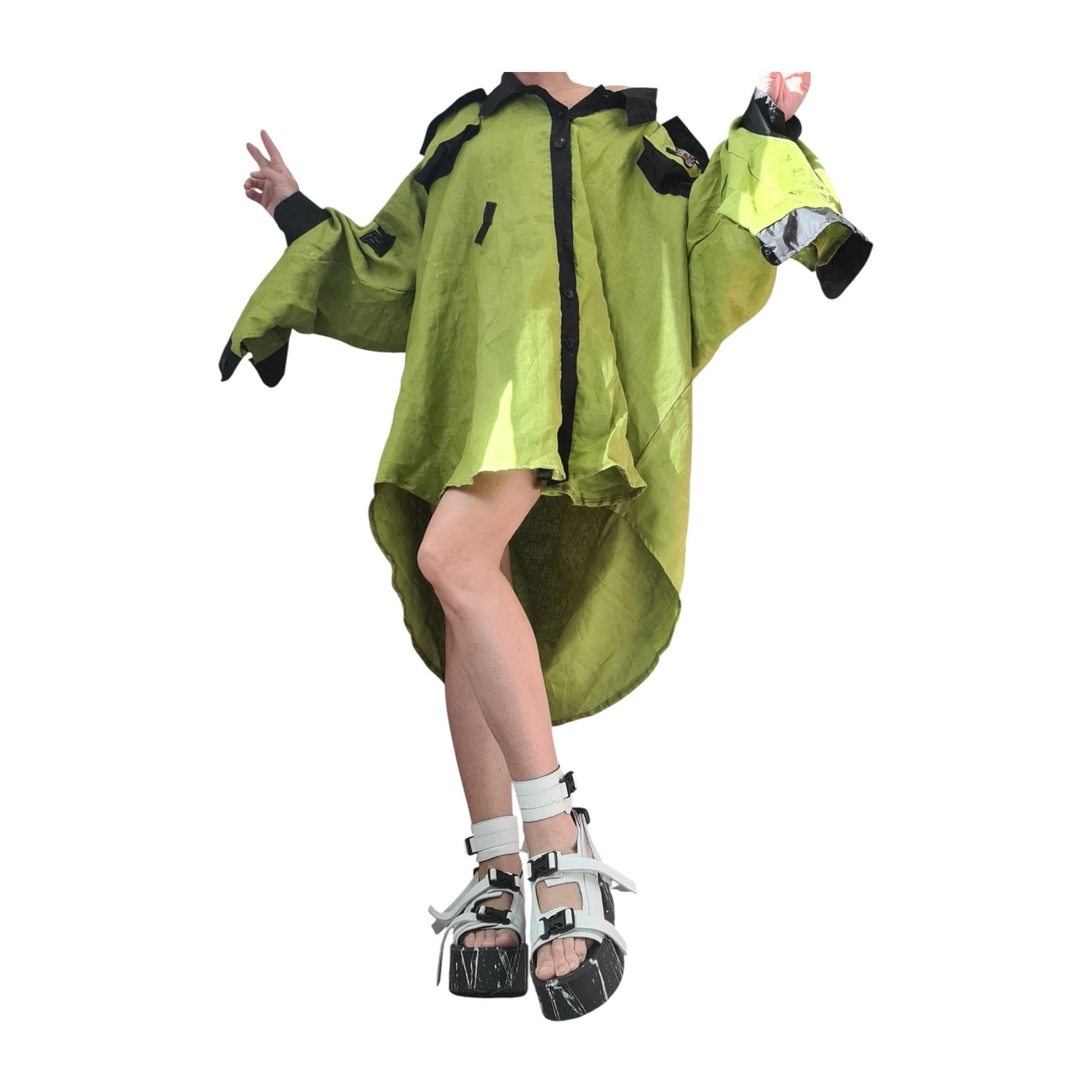 Pistachio Linen Asymmetric Tunic, Oversized Avant Garde Top, Open Back Collar Shirt, Cargo Pocket