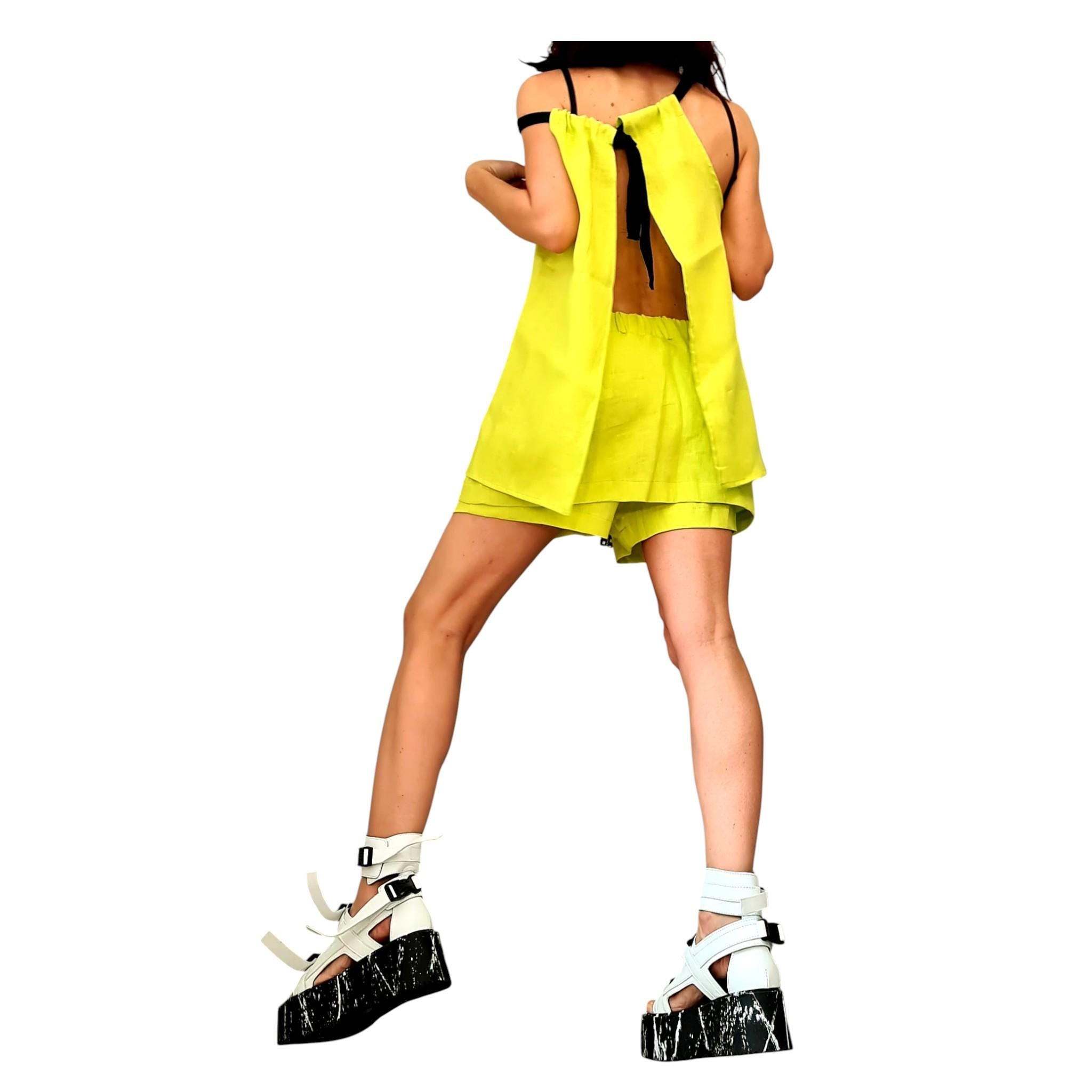 Yellow Linen Two Piece Set, Open Back Top, Layered Shorts, Summer Outfit for Women