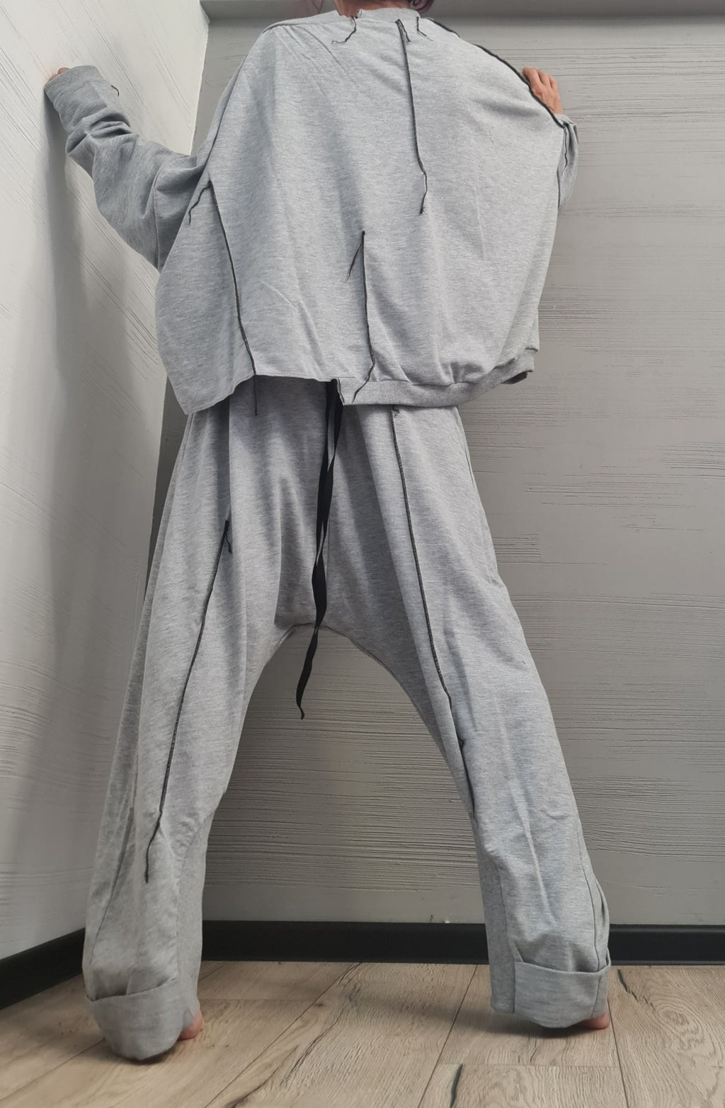 Grey Cotton Harem Pants Set, Asymmetrical Oversized Blouse, Women's Plus Size Loungewear Set