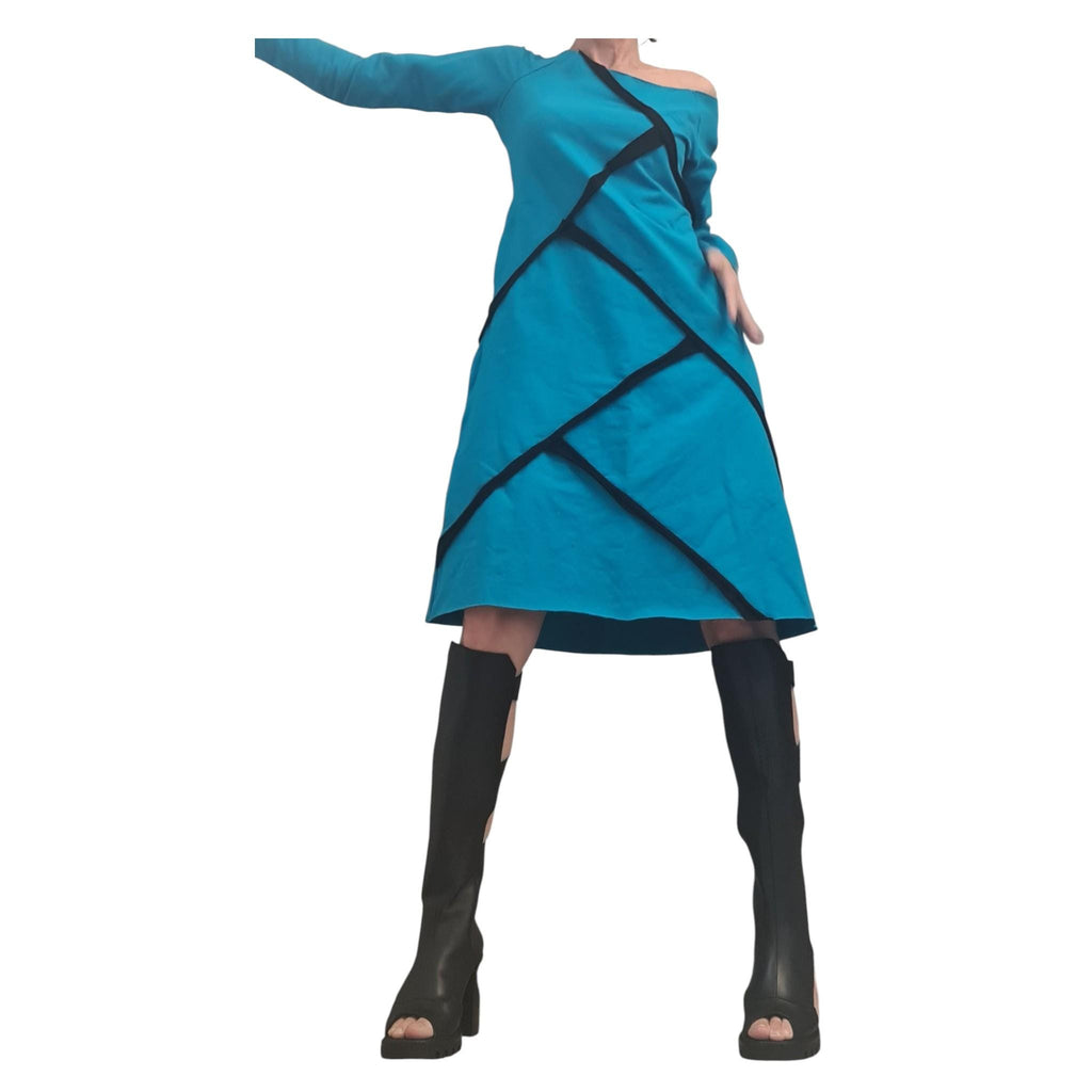 Turquoise Blue Asymmetric One Shoulder Dress, Plus Size Tunic, Long Sleeve Blouson
