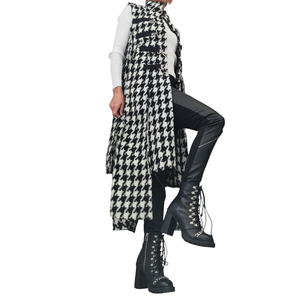 Black and White Houndstooth Maxi Vest, Asymmetric Hem, Buckle Closures, Plus Size Coat