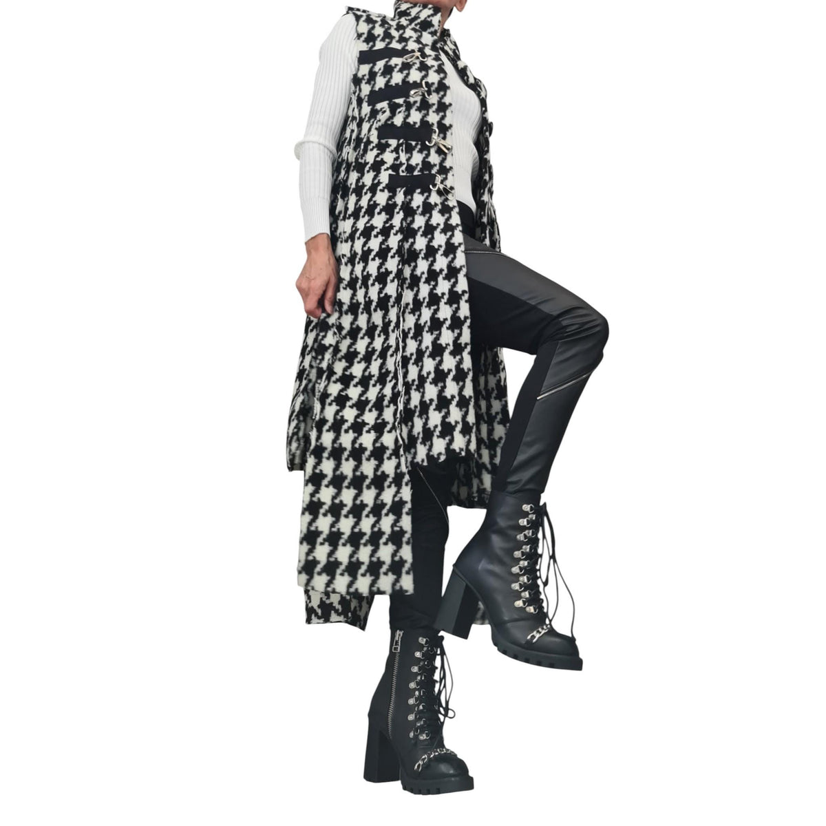 Black and White Houndstooth Maxi Vest, Asymmetric Hem, Buckle Closures, Plus Size Coat