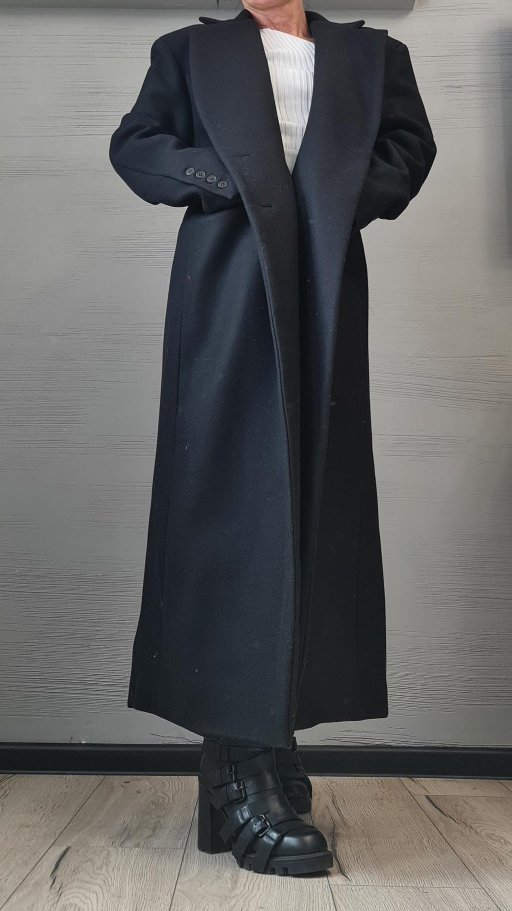 Black Oversized Coat, Floor Length Tailored Overcoat with Back Vent, Plus Size