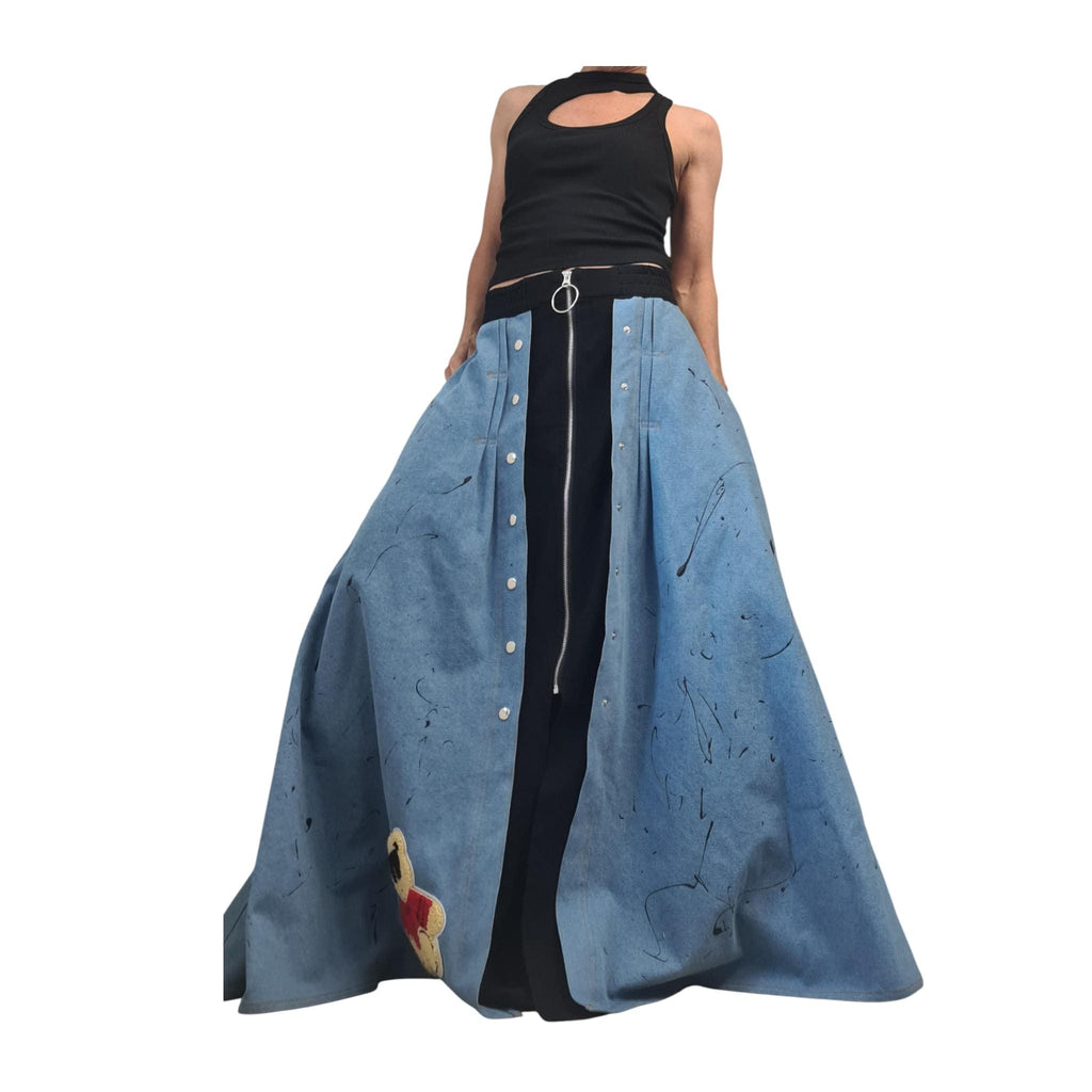 Deconstructed Avant Garde Cotton Denim Long Skirt, Extravagant Design