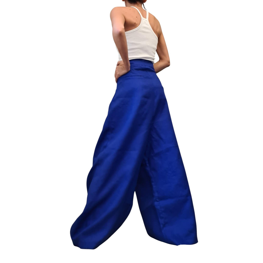 Denim Blue Linen Wide Leg Pants, Extra Loose Summer Trousers, Comfortable Everyday Wear