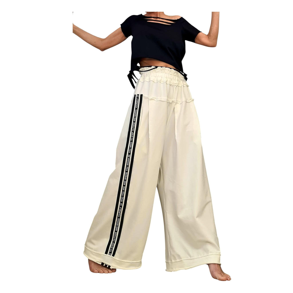 Ivory French Terry Wide Leg Pants, Relaxed Cotton Trousers, Elastic Waist
