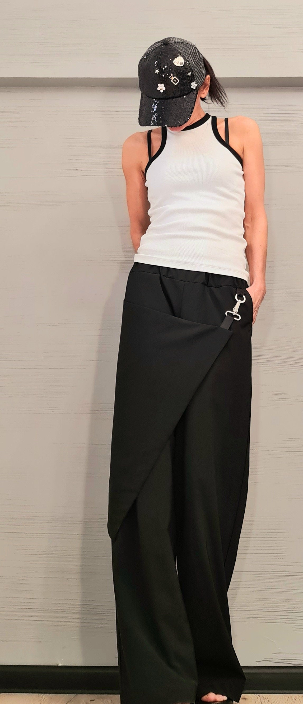 Black Asymmetric Wide Leg Pants, Wrap Skirt Overlay, Silver Carabiner Closure