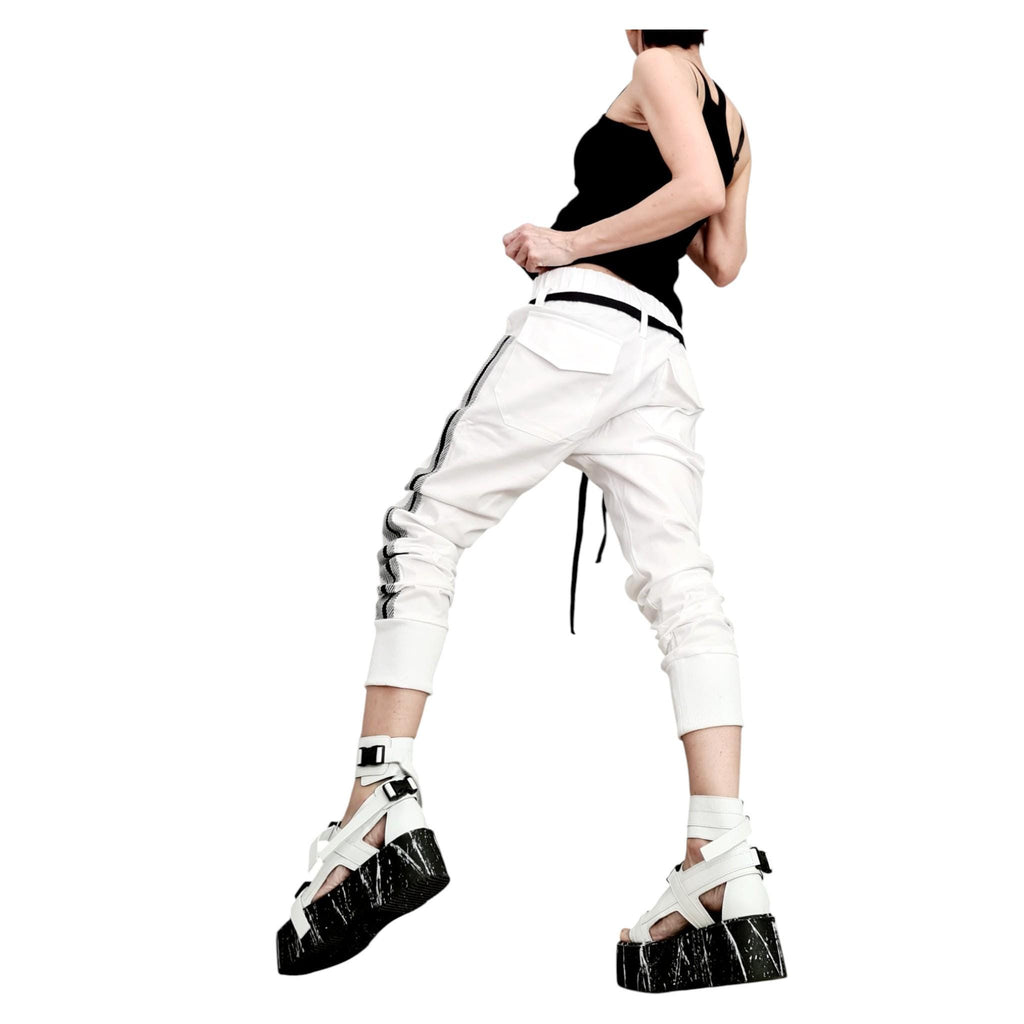 White Cotton Drop Crotch Pants, Side Stripe, Tapered Leg